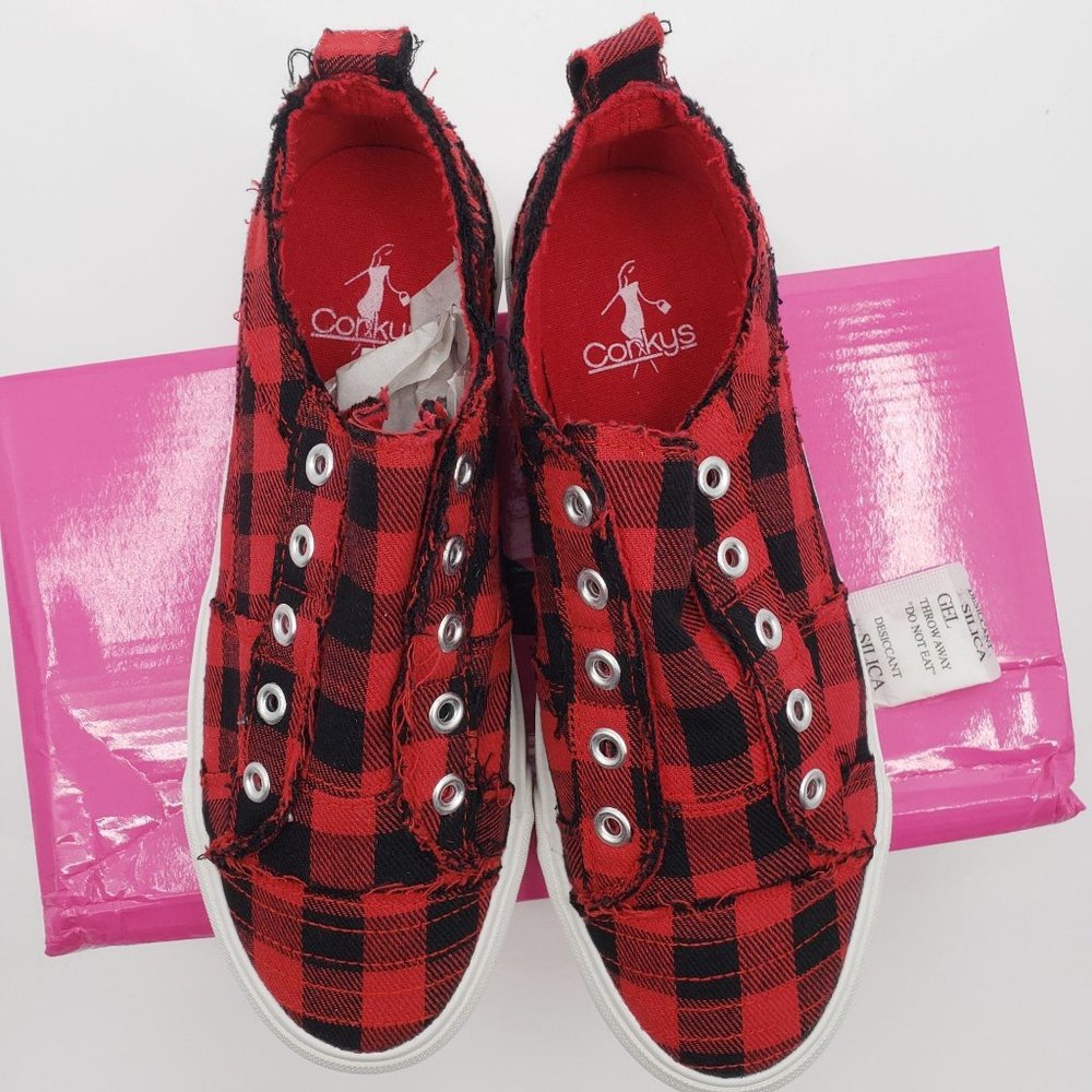 CORKYS Babalu Red Buffalo Plaid Slip On Sneakers Distressed Tennis Shoes 6-9 NWT - Picture 6 of 8